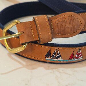 Zep-Pro Brass Buckle Leather Belt Sz 42 Embroidered Nautical Sailboat USA Made
